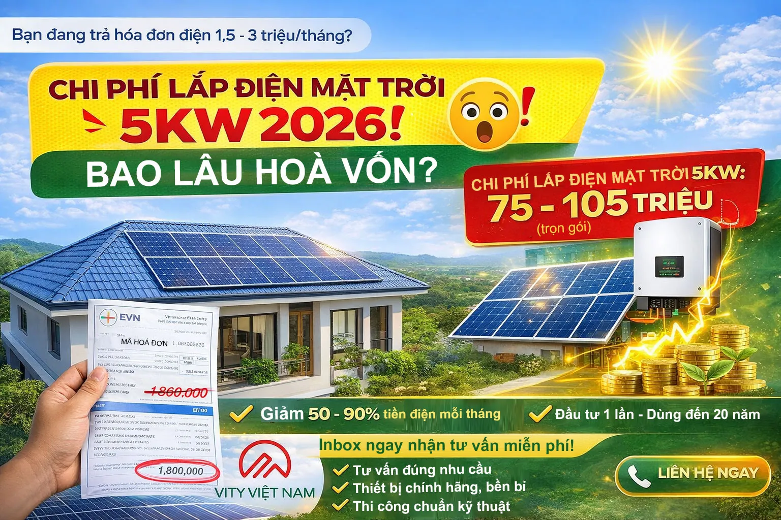Chi phí lắp điện mặt trời 5kW mới nhất 2026. 2
